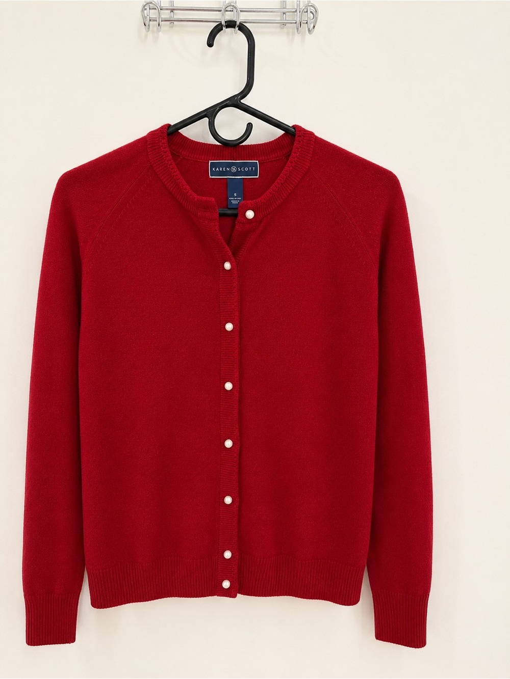 Karen Scott Red Pearl-Button Crew Cardigan